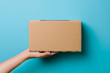 The box is in the palm of your hand . A cardboard box for packing the goods. Package without inscription on a blue background