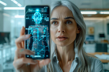 A young woman scrutinizes a virtual human body model on her smartphone among high-tech office surroundings - 756456902