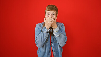 Wow! young, handsome, red-haired man standing amazed, covering face with hands over isolated red...