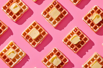 Pattern with waffles with butter on top on pink background .Minimal concept.