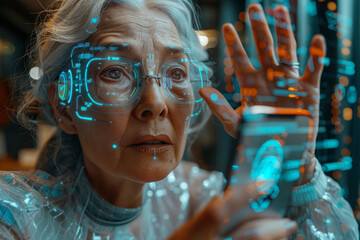 A mature woman with futuristic attire interacts with immersive virtual holographic technology around her - 756456949
