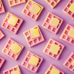 Pink waffles with butter on top on a pastel purple background. Top view. Pattern.