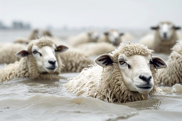 sheeps on a flooded pasture