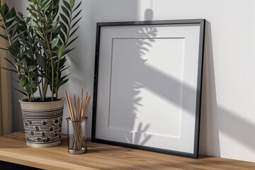 Mockup of blank frame in minimalistic composition, still life with black empty frame and potted green plant on shelf, style of warmcore, earth brown tones, AI generated 