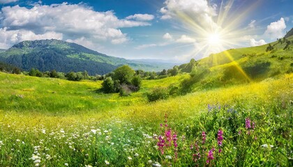 Idyllic mountain panoramic landscape. Fresh green meadows and blooming wildflowers, sun ray. Beautiful nature countryside view, rural sunny outdoor natural. Bright banner nature spring summer panorama