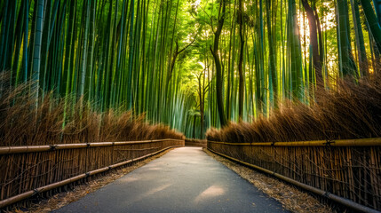 Serene bamboo forest pathway at sunset