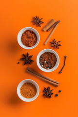 Top view of Indian spice in orange tone with copy space for text. Food background. Generative AI. - 756457504