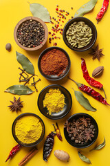 Top view of Indian spice in yellow tone with copy space for text. Food background. Generative AI.