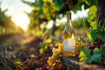 A bottle of white wine is sitting on a vineyard with grapes