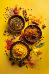 Top view of Indian spice in yellow tone with copy space for text. Food background. Generative AI. - 756457585