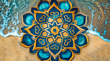 Mandala art on sandy beach by the sea