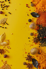 Top view of Indian spice in yellow tone with copy space for text. Food background. Generative AI.