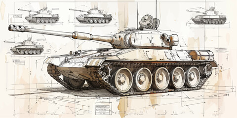Outlined vectorized silhouettes of armored tanks, depicting military vehicles for defense