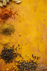 Top view of Indian spice in yellow tone with copy space for text. Food background. Generative AI. 