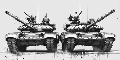 Outlined vectorized silhouettes of armored tanks, depicting military vehicles for defense