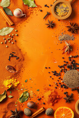 Top view of Indian spice in orange tone with copy space for text. Food background. Generative AI.