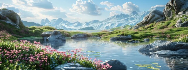 Mountain Lake Surrounded by Flowers - obrazy, fototapety, plakaty