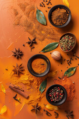 Top view of Indian spice in orange tone with copy space for text. Food background. Generative AI.