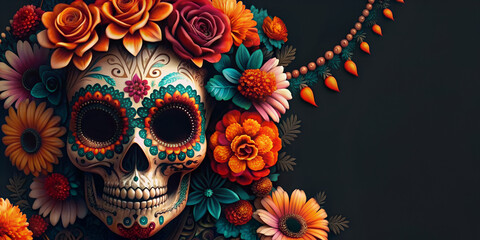 Vibrant and detailed skull with sombrero amidst traditional flowers for dia de los muertos. Mexican background for Mexico festive festival Cinco de mayo - obrazy, fototapety, plakaty