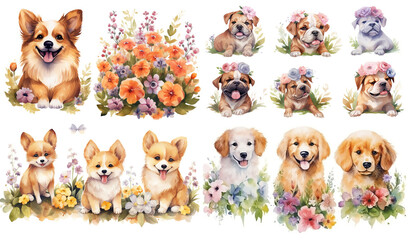 watercolor cute cartoon illustration, puppy in spring garden, isolated o white background collection set, Generative Ai