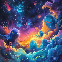 Fototapeta na wymiar Aether-infused space scene cute galaxy creatures facing a cosmic nightmare