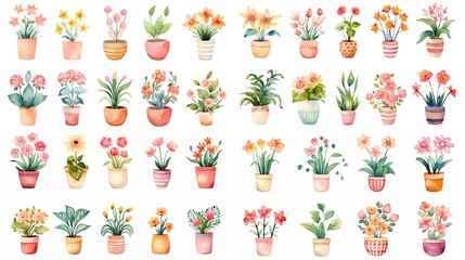 watercolor style illustration of various type blossoming pink flower pot azalea and hibiscus summer and spring, collection set isolated on white background, Generative Ai