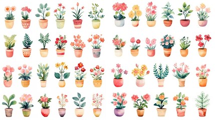Fototapeta premium watercolor style illustration of various type blossoming pink flower pot azalea and hibiscus summer and spring, collection set isolated on white background, Generative Ai