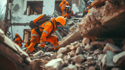 Search and rescue team members in orange uniforms sift through building rubble. - obrazy, fototapety, plakaty