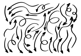 Marcas de rotulador de formas de flechas con trazos sueltos, recurso de diseño con trazos reales sueltos y energicos de flechas variadas formando ondas, giros... - obrazy, fototapety, plakaty