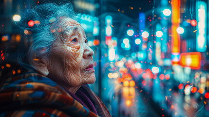 Pensive elderly woman wrapped up in a fleece blanket her reflection mingling with the bustling streets of a neonlit metropolis at night - obrazy, fototapety, plakaty