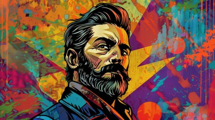 "The Bearded Man in Front of a Colorful Comic Poster: Exploring Comic Art Styles"