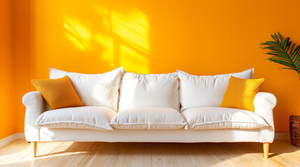 Vibrant living space with a white couch against a sunlit bright yellow wall, minimalist design.