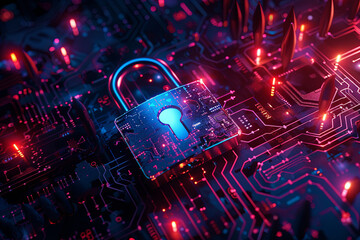 A padlock icon on a digital background regarding the cybersecurity - obrazy, fototapety, plakaty