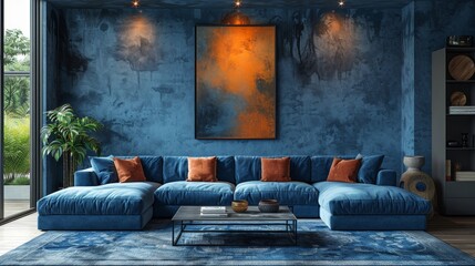 Blue Couch With Painting in Living Room