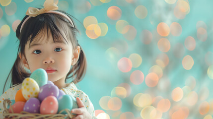 Cute little girl holding basket with easter eggs
