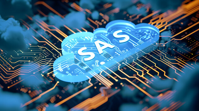 SAS inscription on the background of the computer board 