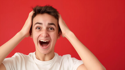 Shocked, surprized or amazed young caucasian man isolated on red background