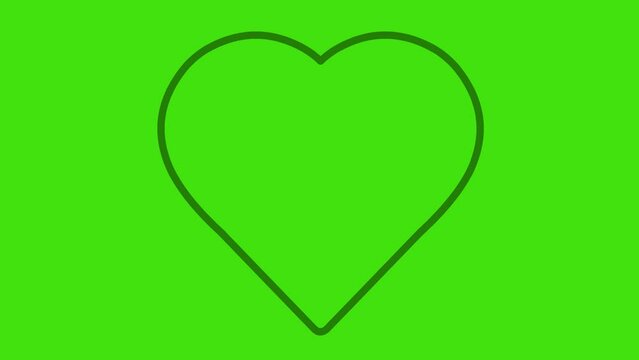 video animation heart shape flat drawing outline, on a green chroma key background
