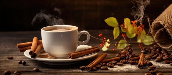 Obraz na płótnie Canvas A delicious cup of coffee featuring cinnamon sticks and coffee beans arranged on a rustic wooden table, creating a cozy and inviting atmosphere
