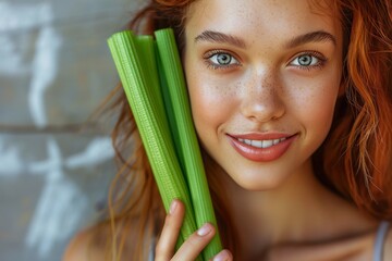 Naklejka premium A beaming woman holding a stalk of celery, kitchen shelves in the background