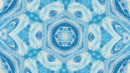 Glowing mandala. Snowflake kaleidoscope. Defocused blue white color paint water star shape ornament...