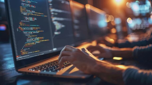 Team of programmers developing code for innovative application development project