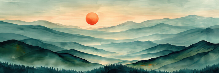Drawing landscape mountain on sunset sky abstract background. Generative ai. - 756460547