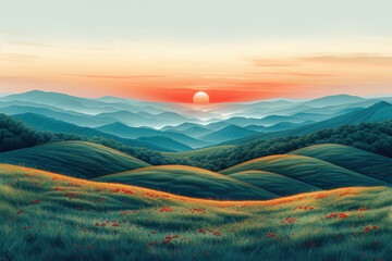 Drawing landscape mountain on sunset sky abstract background. Generative ai. - 756460573