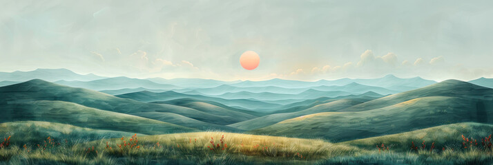 Drawing landscape mountain on sunset sky abstract background. Generative ai. - 756460708
