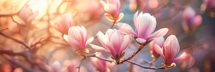 Magnolia flowers bask in the warm, soft light of spring, symbolizing new beginnings and natural beauty.