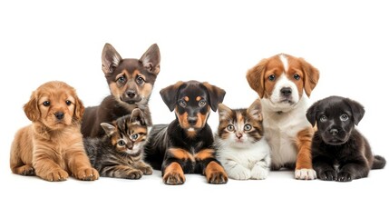 "Assorted Dogs and Cats Posing Together on White and Plain Backgrounds"