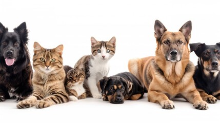 "Assorted Dogs and Cats Posing Together on White and Plain Backgrounds"