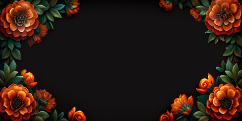 Flowers creating an oval frame on a dark backdrop. Mexican festive dia de los muertos background. Festival cinco de mayo Mexico. Day of the dead, all saints day or Halloween holiday - obrazy, fototapety, plakaty