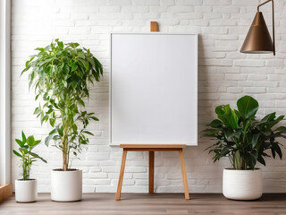 A wooden easel next to a plant and a whiteboard, a minimalist painting design. - obrazy, fototapety, plakaty